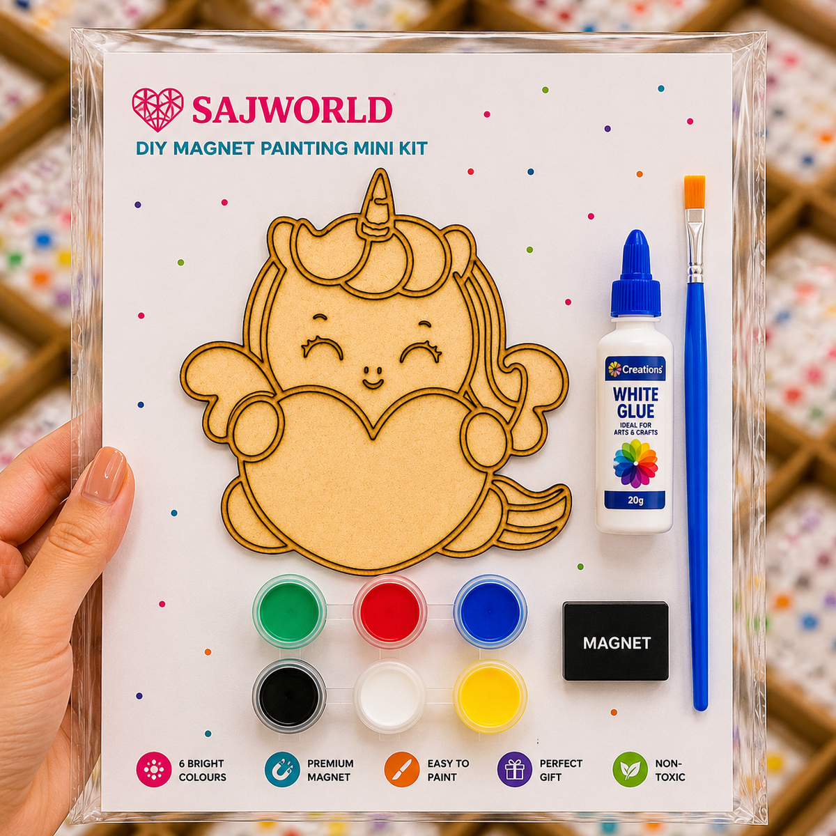 Unicorn Chick MDF DIY Magnet Painting Mini Kit with paints, brush, glue and magnet for kids, schools and birthday return gifts by SajWorld