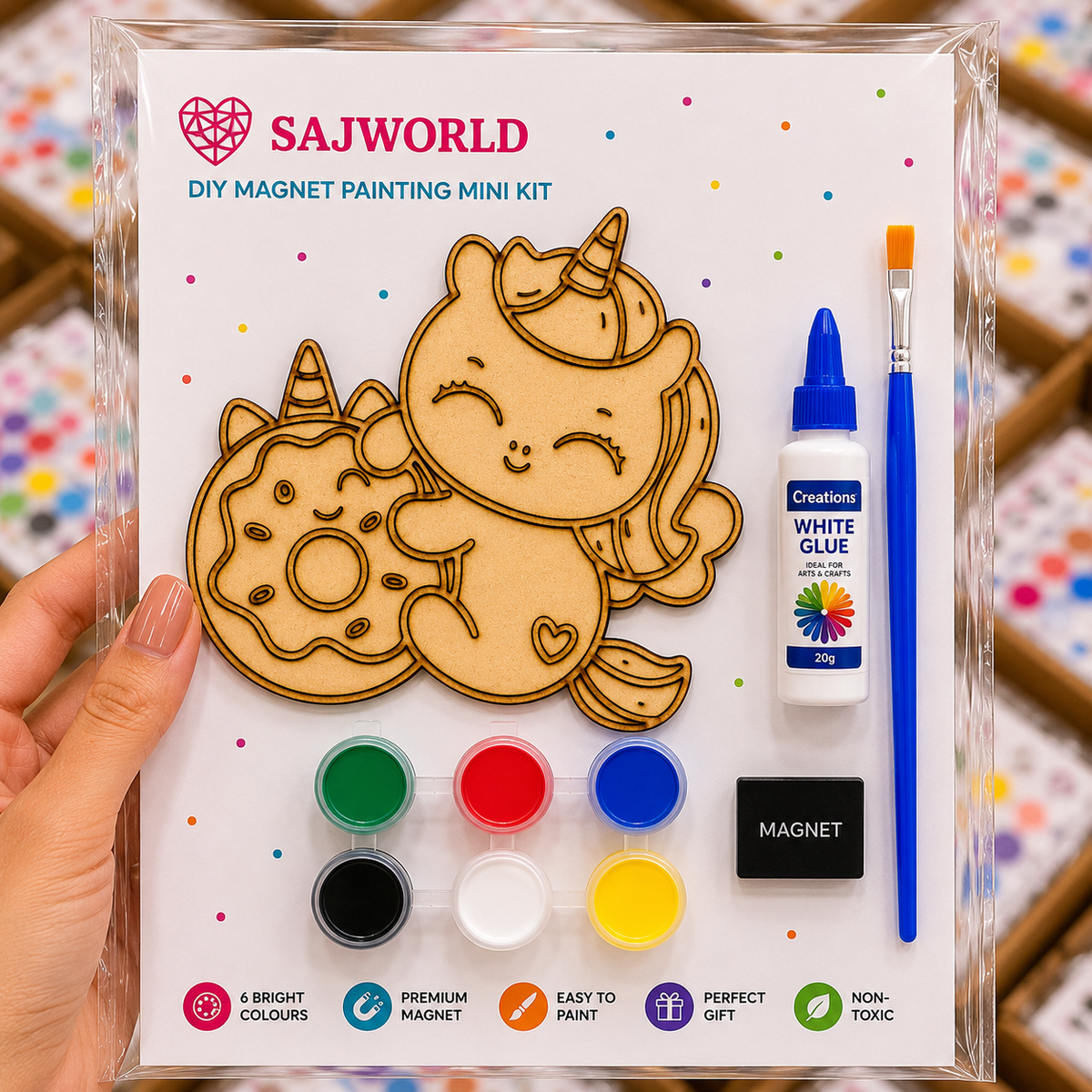 Unicorn Cookie MDF DIY Magnet Painting Mini Kit with paints, brush, glue and magnet for kids, schools and birthday return gifts by SajWorld