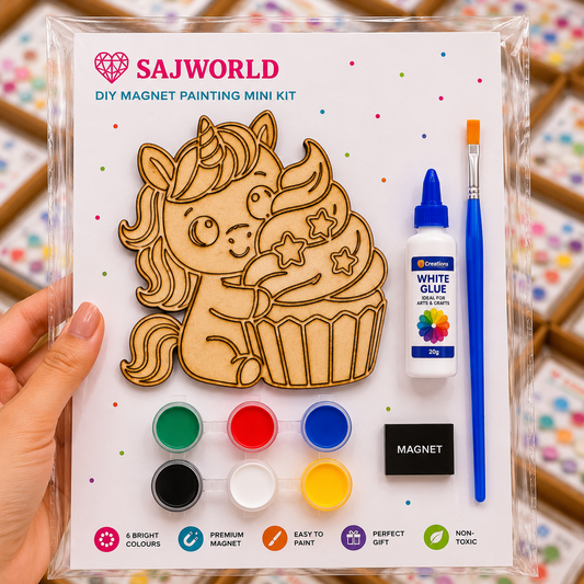 Unicorn Cupcake MDF DIY Magnet Painting Mini Kit with paints, brush, glue and magnet for kids, schools and birthday return gifts by SajWorld