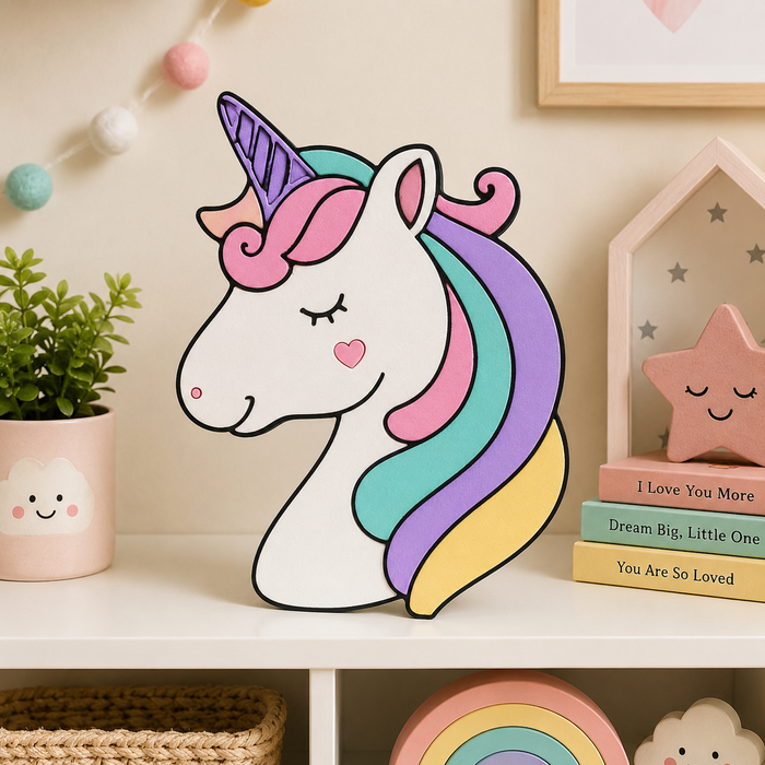 Unicorn face MDF wooden cutout for DIY painting, wall décor, nursery decoration, resin art and craft projects