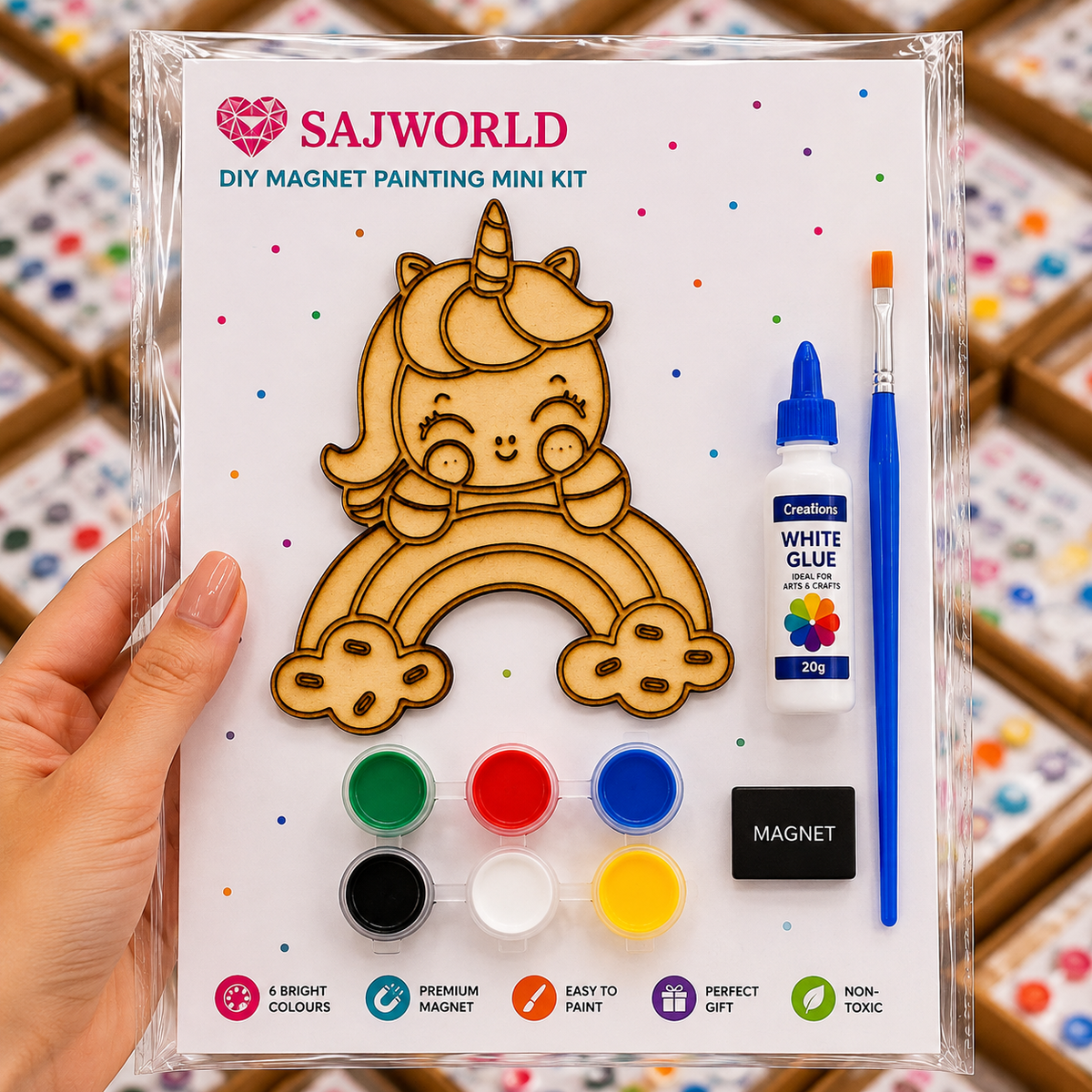 Unicorn on Rainbow MDF DIY Magnet Painting Mini Kit with paints, brush, glue and magnet for kids, schools and birthday return gifts by SajWorld