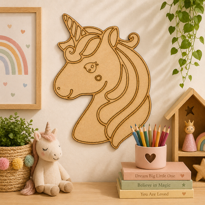 Unicorn Head MDF Cutout Blank | Wooden Unicorn Shape for DIY Crafts, Painting & Nursery Décor