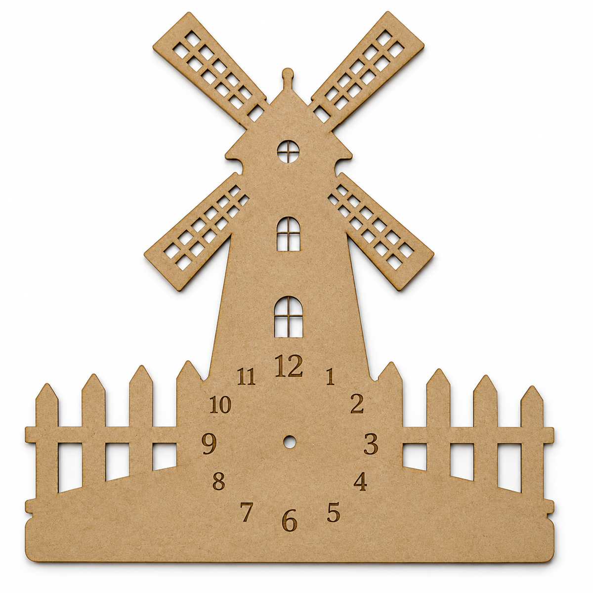 Windmill MDF wooden clock base with engraved numbers for painting, resin art, farmhouse wall décor and DIY clock making